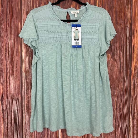 Ella Moss Blue Ruffle Sleeve Top Keyhole Back Size Large L NWT - Picture 1 of 5